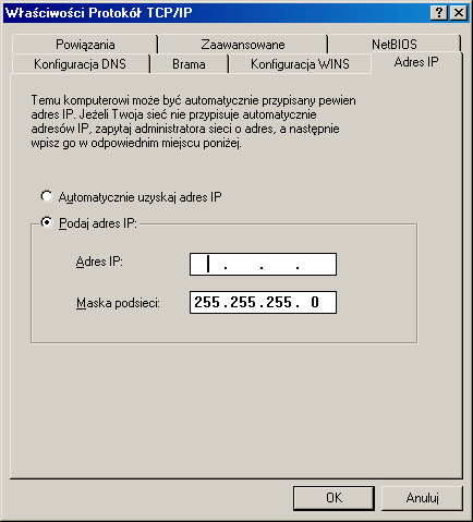 Właściwości Protokół TCP/IP » Adres IP