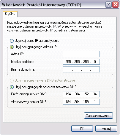 Właściowości: Protokół internetowy TCP/IP